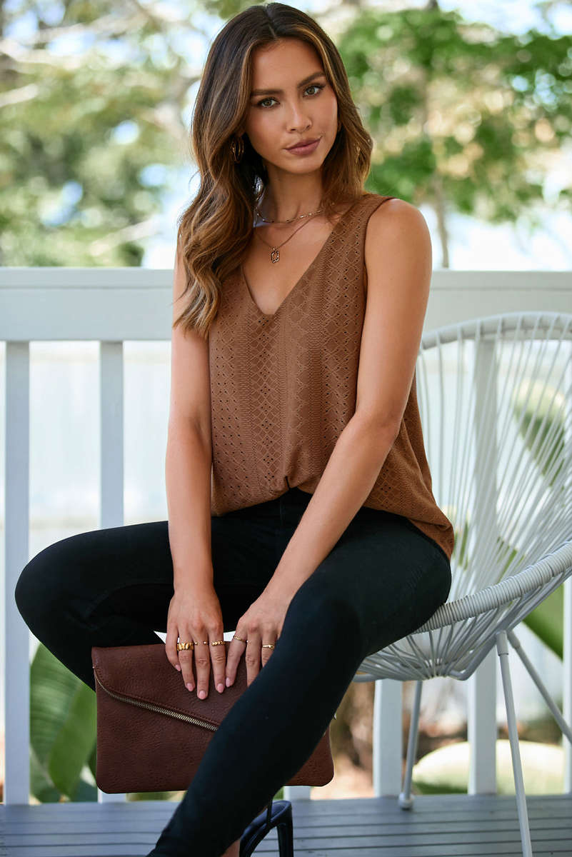 Coffee Eyelet Knit Patterned Loose V Neck Tank Top