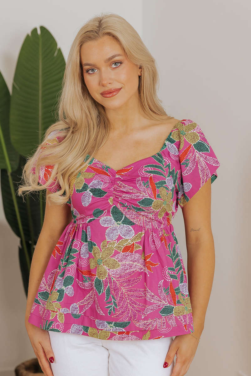 Purple Floral Print Sweetheart Neck Flutter Sleeve Blouse