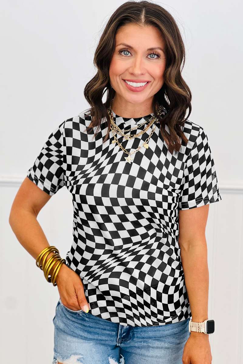 Black Checkered Print Mock Neck Mesh T Shirt