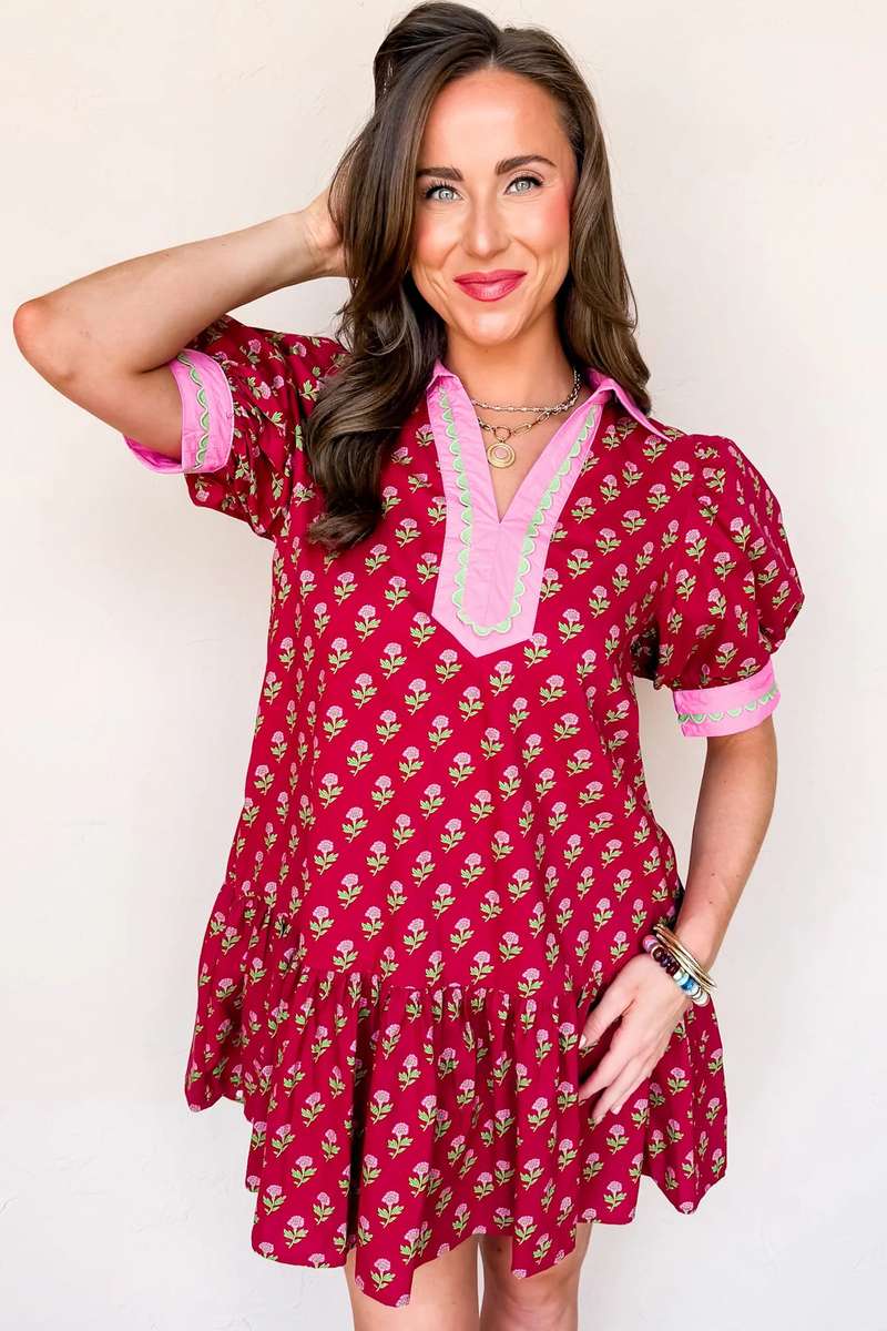Red Floral Print Contrasted V Neck Short Bubble Sleeve Mini Dress