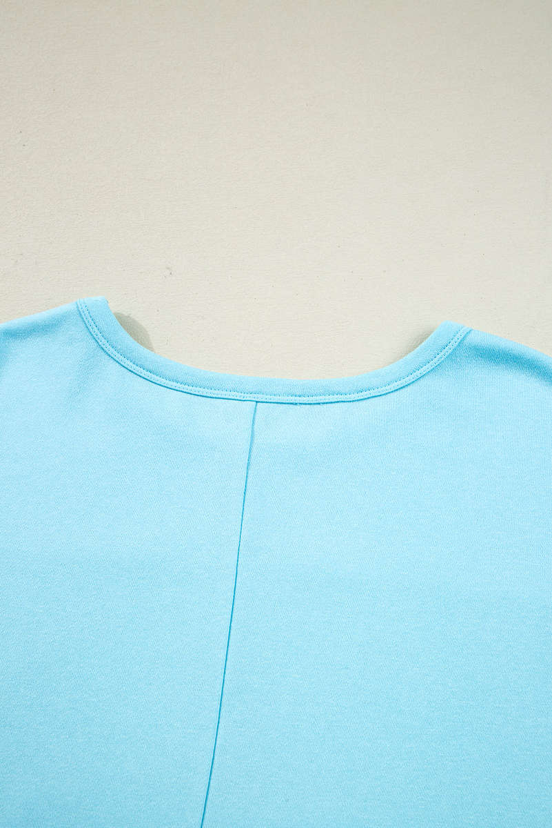 Aruba Blue Plus Size Solid Color Splicing Raw Hem Pullover Top Shorts Set