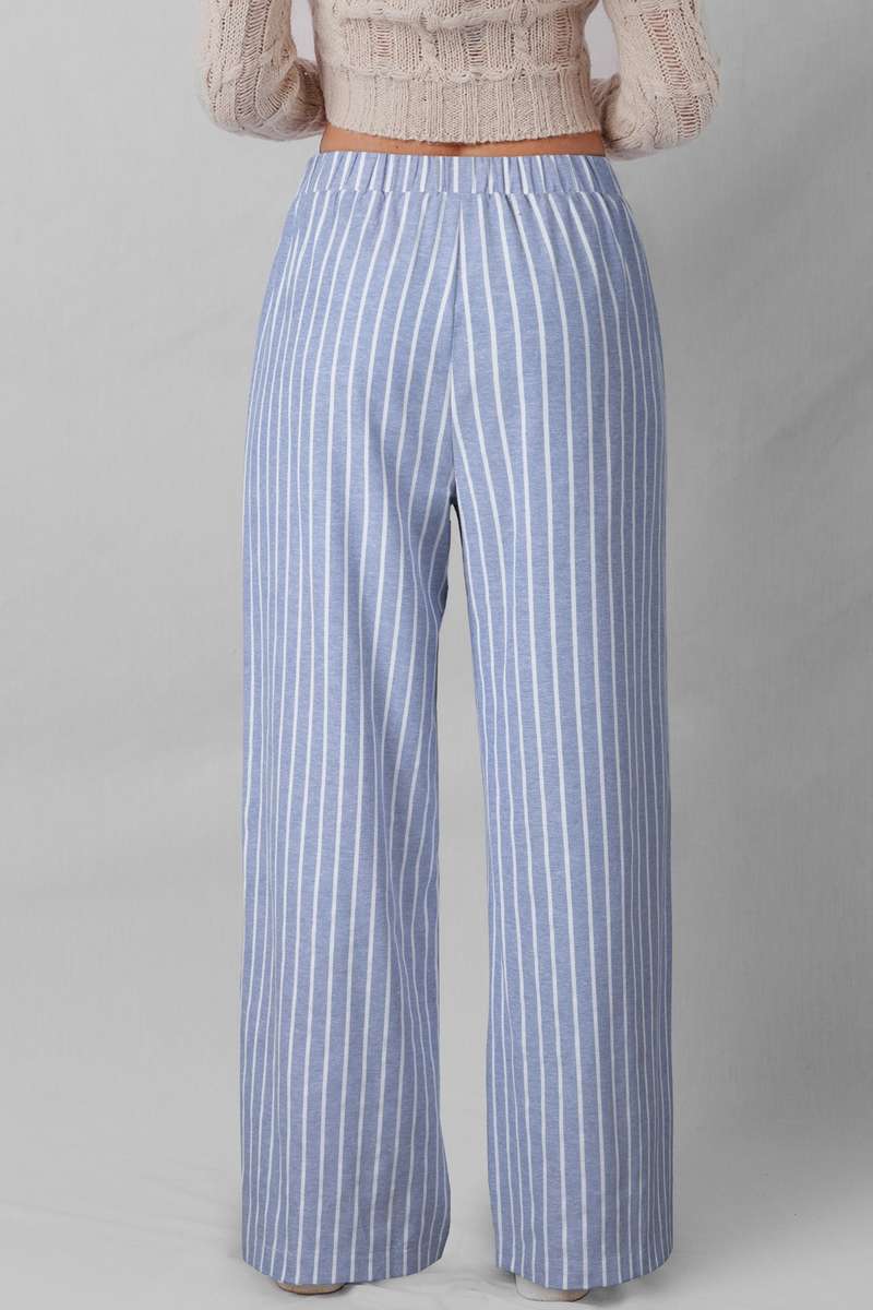 Sky Blue Stripe Buttoned Detail Loose Casual Pants