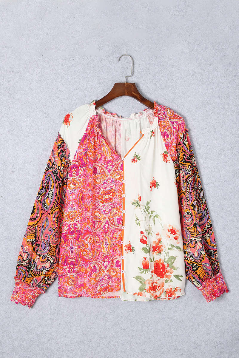 Multicolor Floral Patchwork Shirred Cuff Buttoned V Neck Blouse