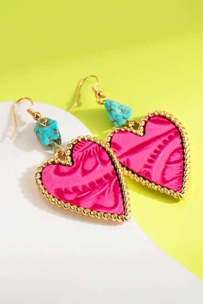 Rose Red Playful Heart Dangle Turquoise Detail Open Hook Earrings