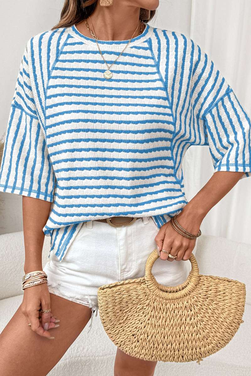 Sky Blue Stripe Textured Knit Split Hem Half Sleeve Loose Top