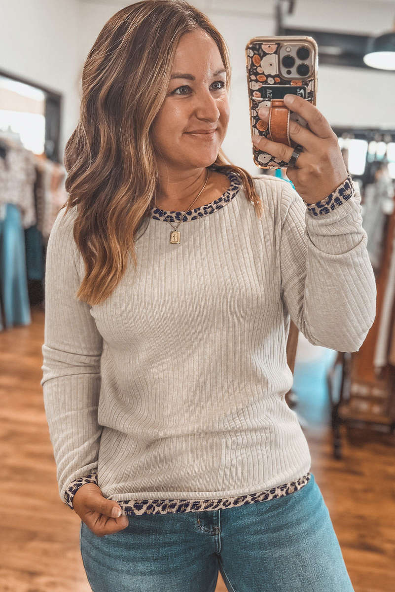 Parchment Ribbed Contrast Leopard Edge Round Neck Plus Knit Top