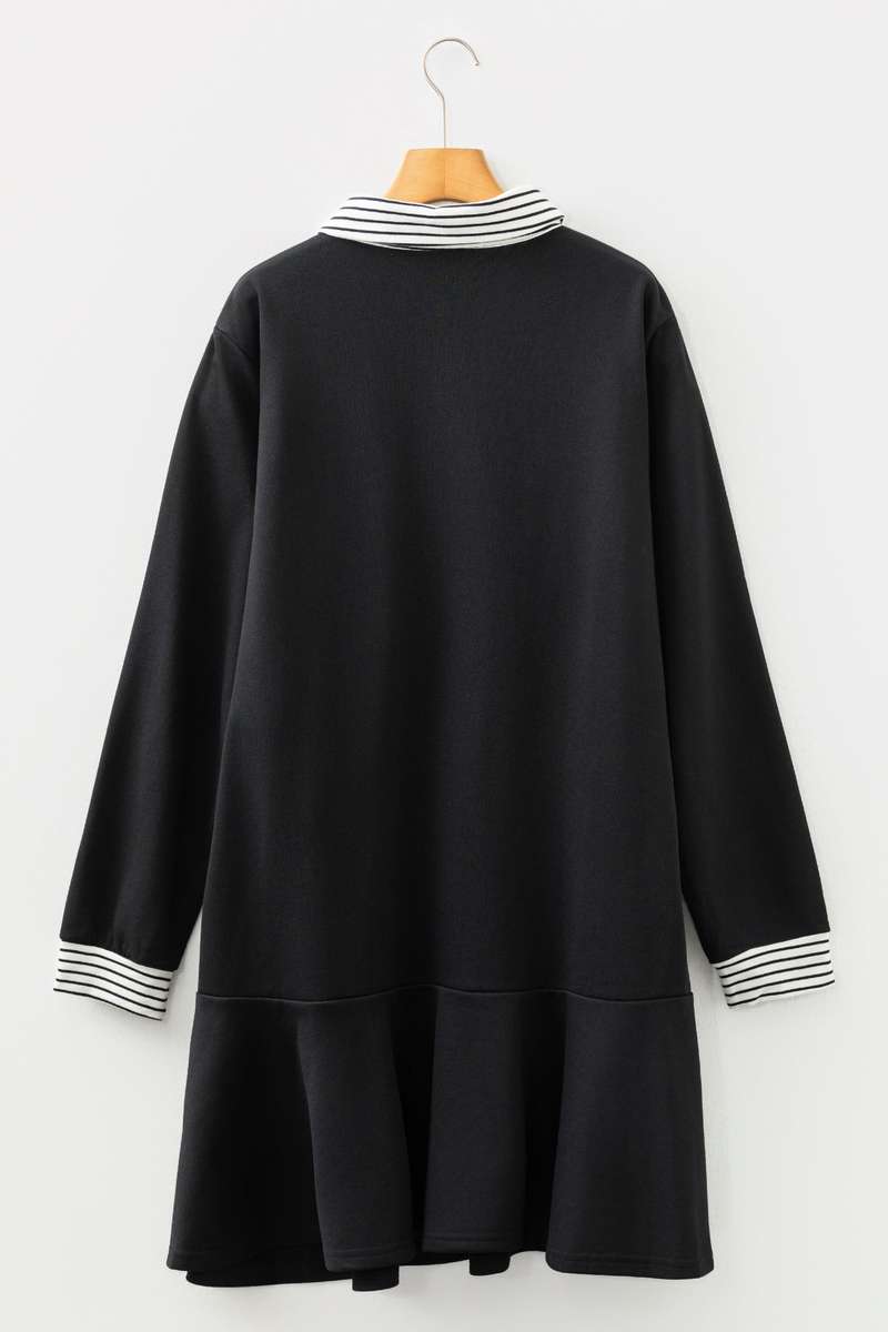 Black Plus Size Striped Cuffs Polo Collar Patchwork Long Sleeve Ruffle Hem Dress