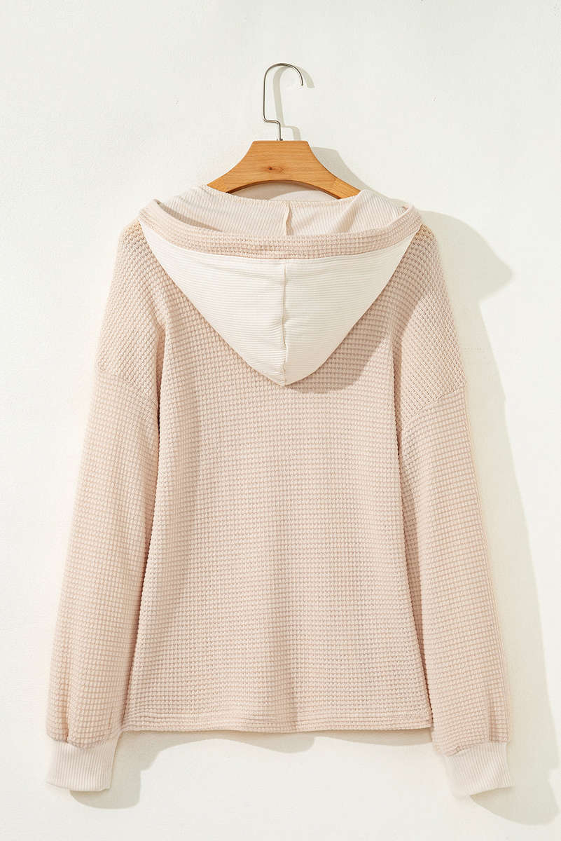 Oatmeal Waffle Patchwork Drop Shoulder Hooded Long Sleeve Top