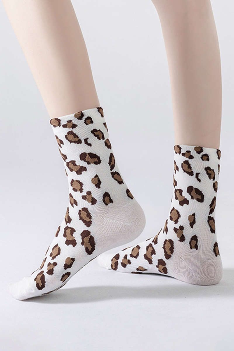 White Leopard Print Polyester Cotton Socks