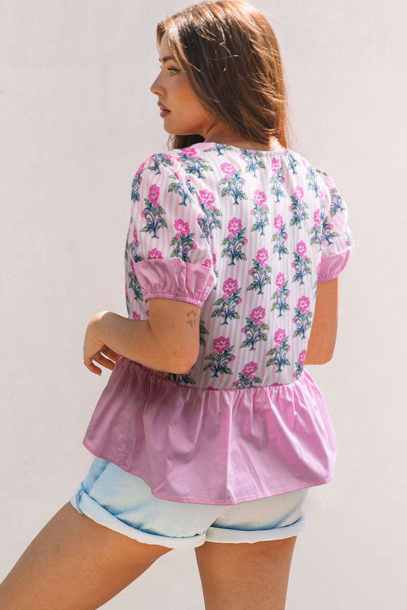 Rose Floral Striped Print Contrast Patchwork Ruffle Hem Blouse