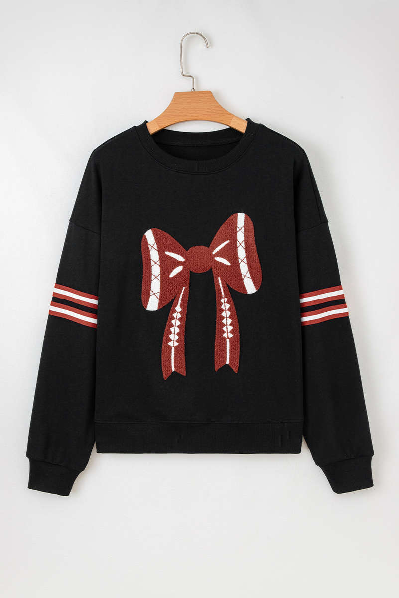 Black Varsity Baseball Bow Graphic Striped Sleeve Baggy Sweatshirt