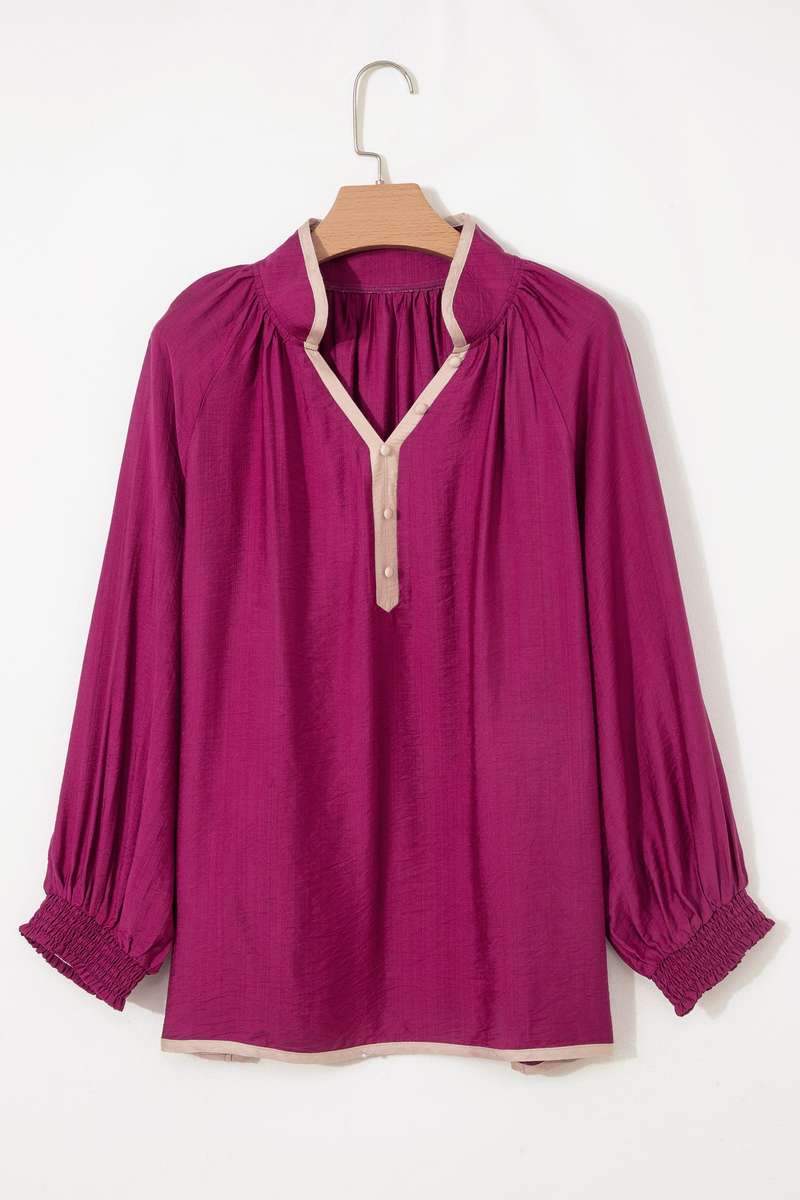 Wild Ginger Plus Size Contrast Trim Button V Neck Puffy Bracelet Sleeve Blouse