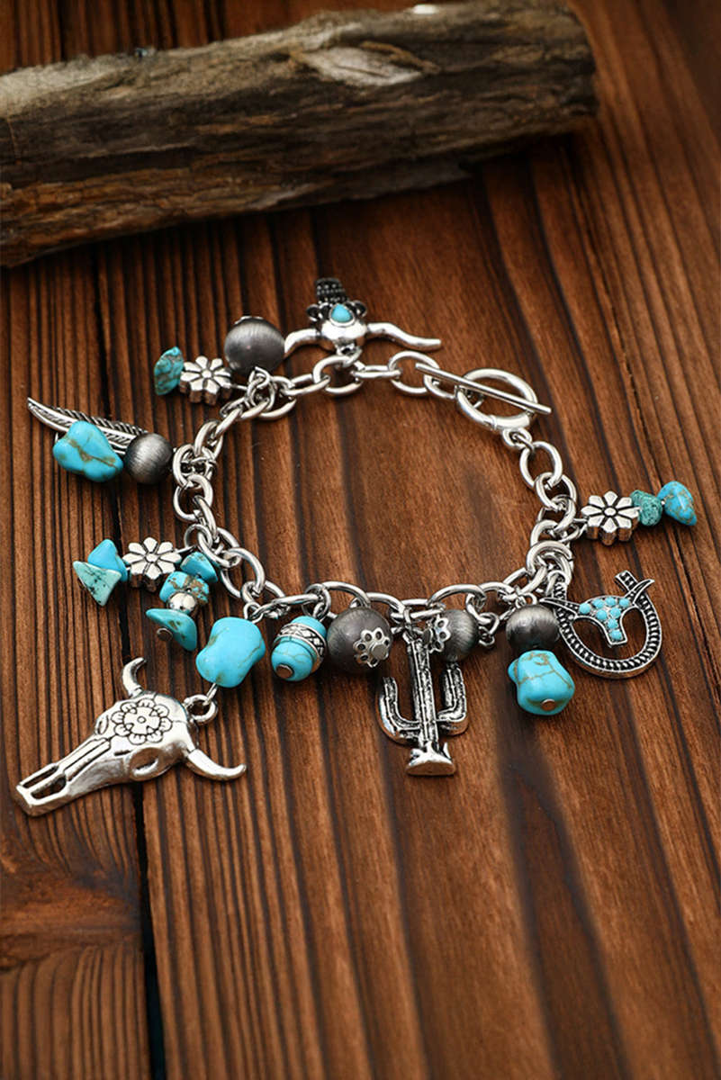 Silvery Western Steer Head Turquoise Charm Alloy Bracelet