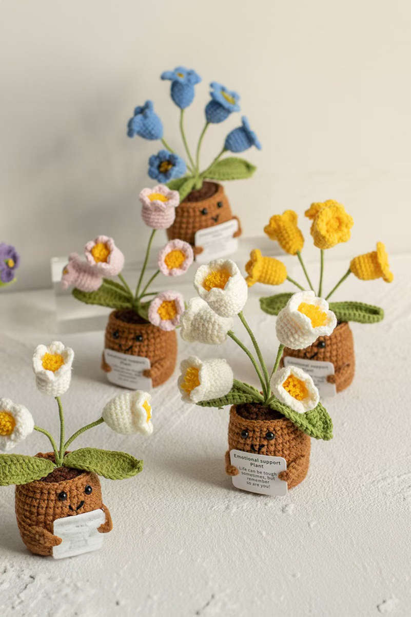 Coffee Handmade Crochet Flower Pot Emotional Support Decoration with Organic Size Variations