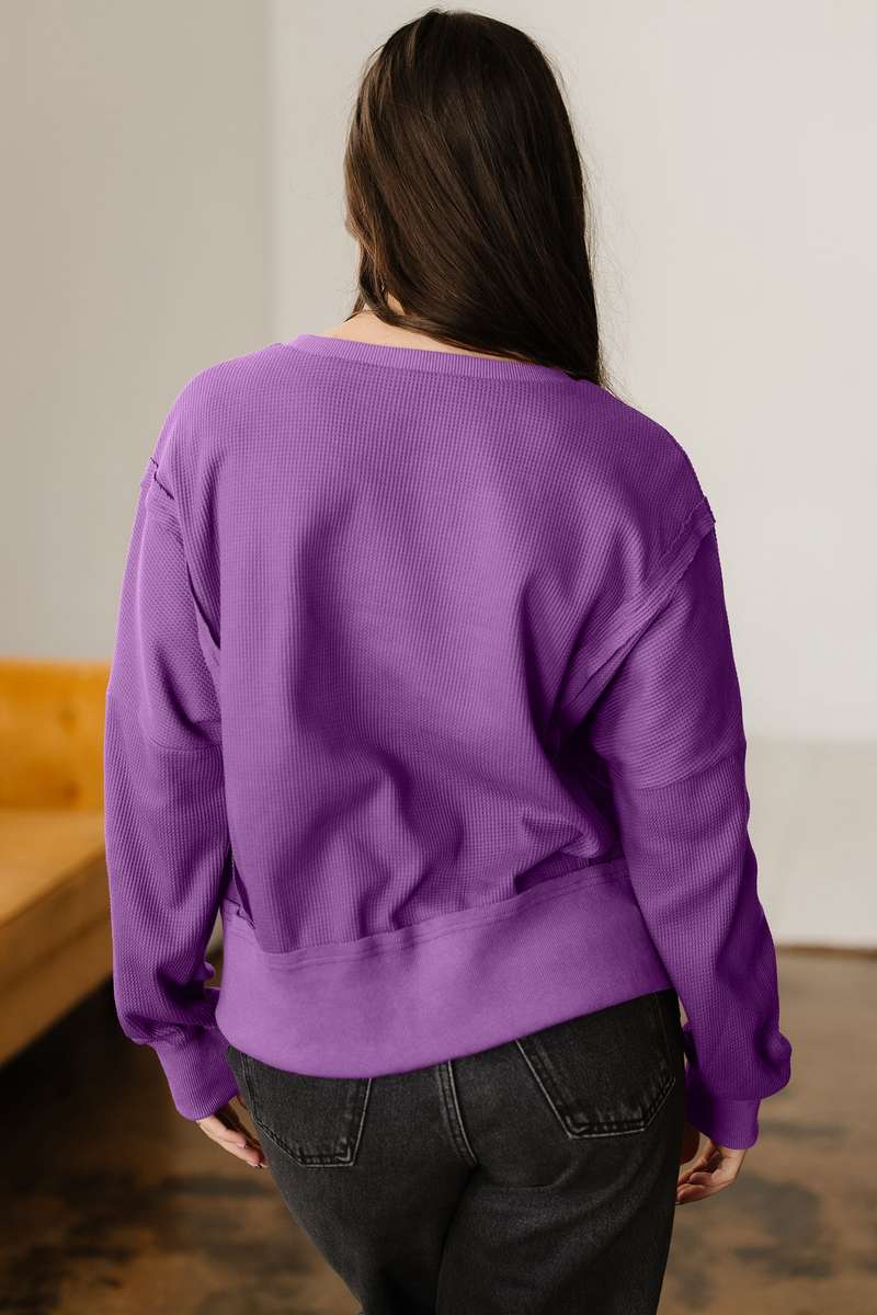 Orchid Mist Solid Color Raw Seam Patchwork Ribbed Drop Shoulder Sweatshirt
