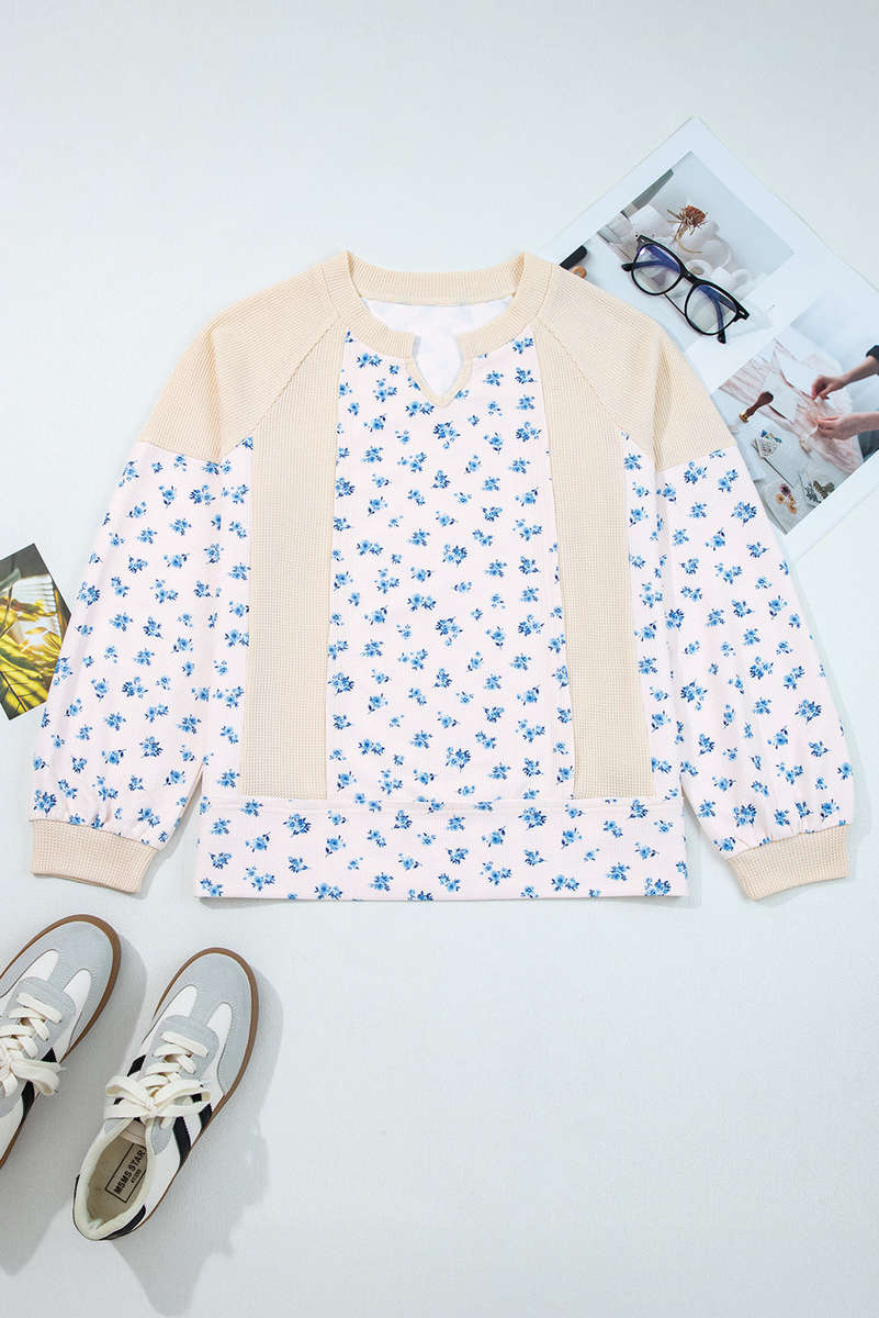 Beige Waffle Knit Floral Color Block Patchwork Balloon Sleeves Oversized Top