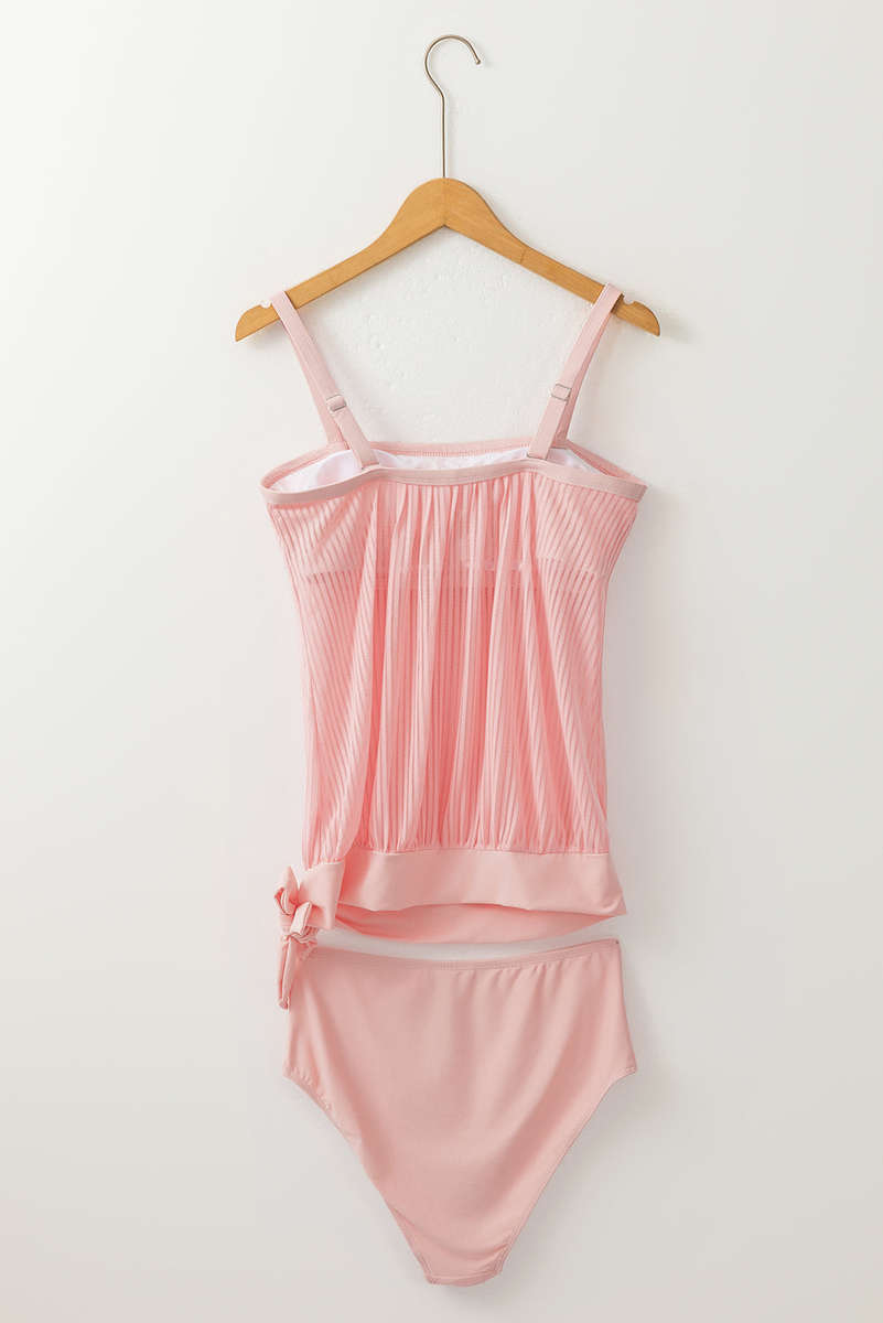 Pink Striped Mesh Knotted Hem Tankini Swimsuit
