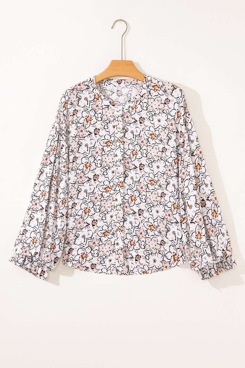 Khaki Bold Floral Print Frilled Puff Sleeve Button Down Shirt