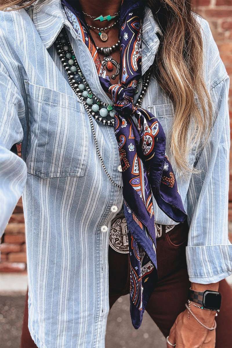 Sky Blue Stripe Boyfriend Chest Pocket Classic Denim Shacket