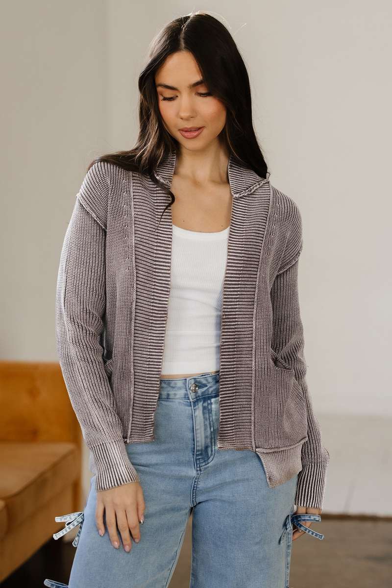 Dark Brown Mineral Wash Exposed Seam Patchwork Knit Open Sweater Cardigan