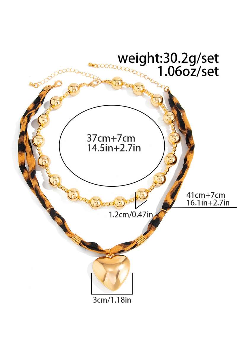Gold Plated Mixed Beads Heart Charm Leopard Scarf 2pcs Necklace Set