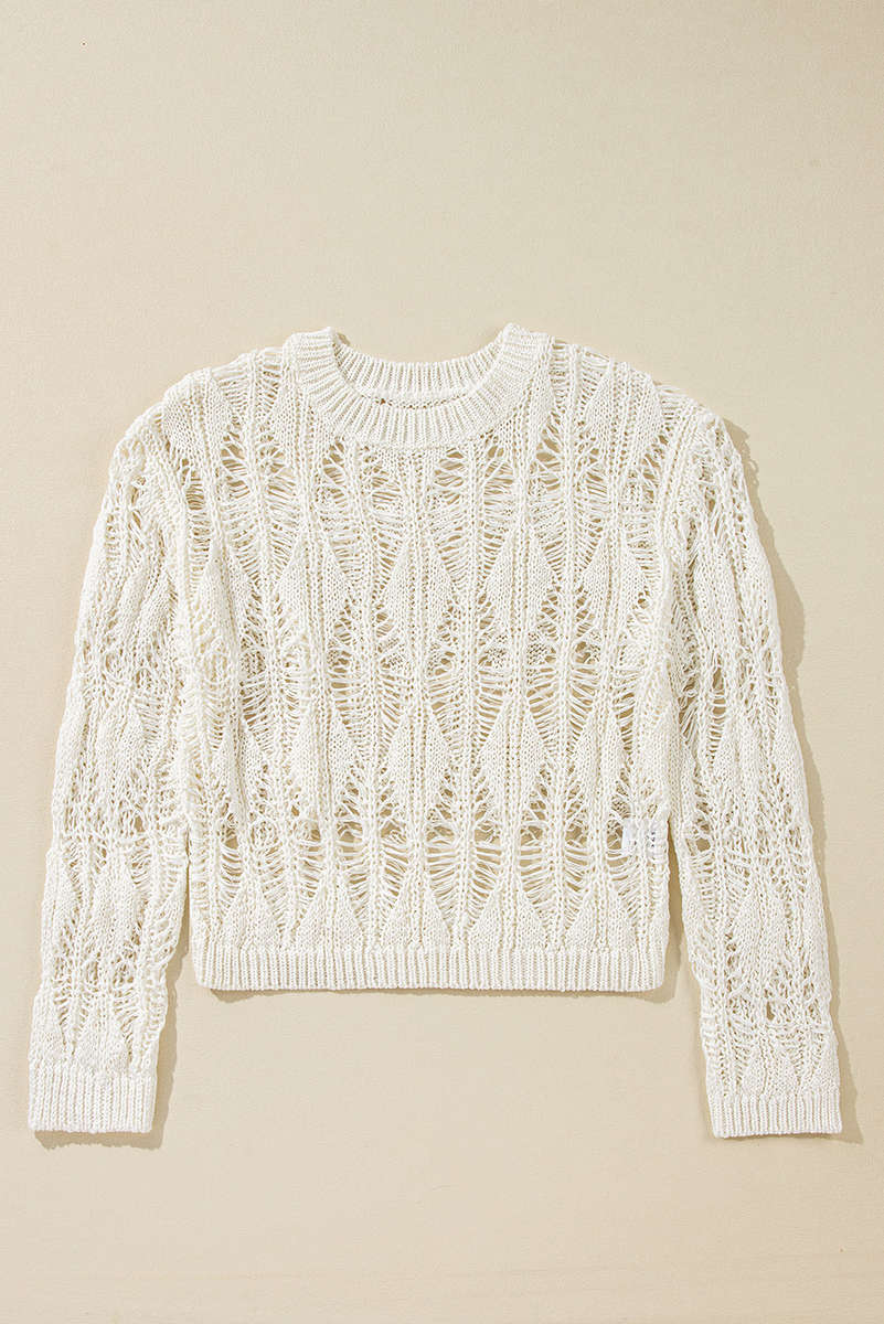 White Cut Out Crochet Crew Neck Loose Fit Sweater