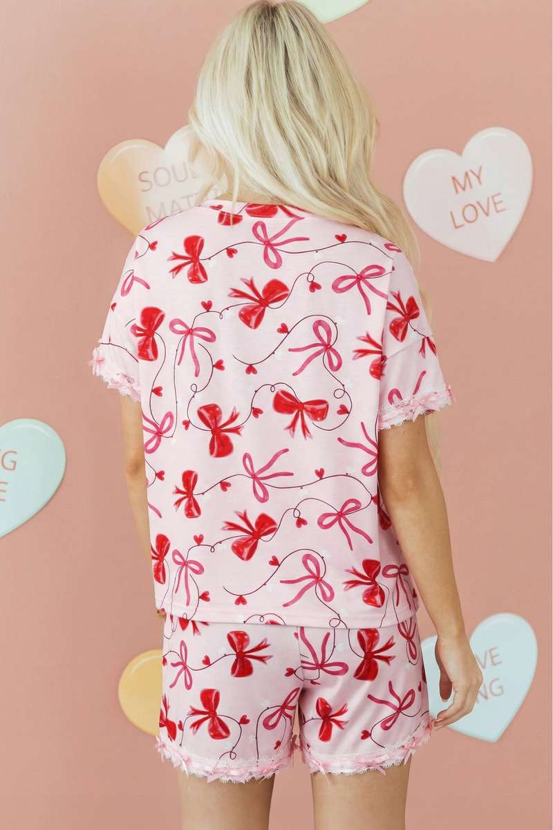 Red Romantic Bow Print Loose Tee Drawstring Shorts 2pcs Lounge Set