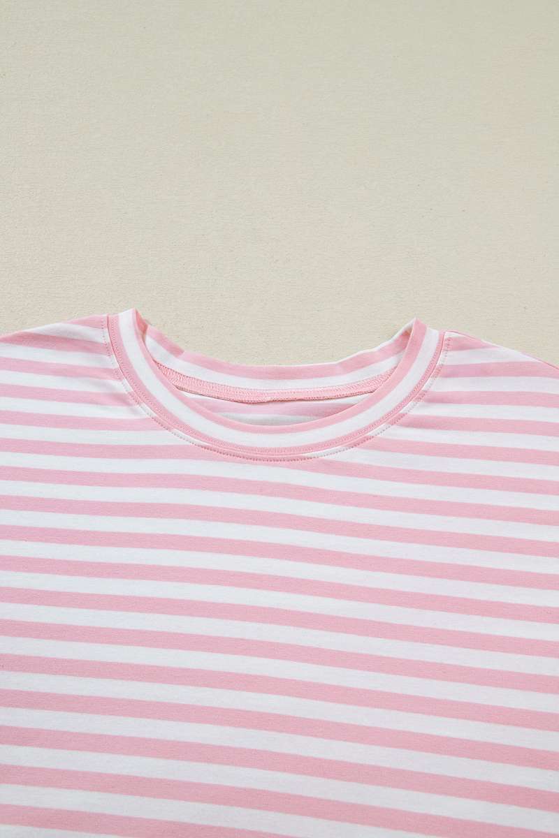 Pink Stripe Drop Shoulder Round Neck Top and Buttoned Straight Pants Two Piece Set