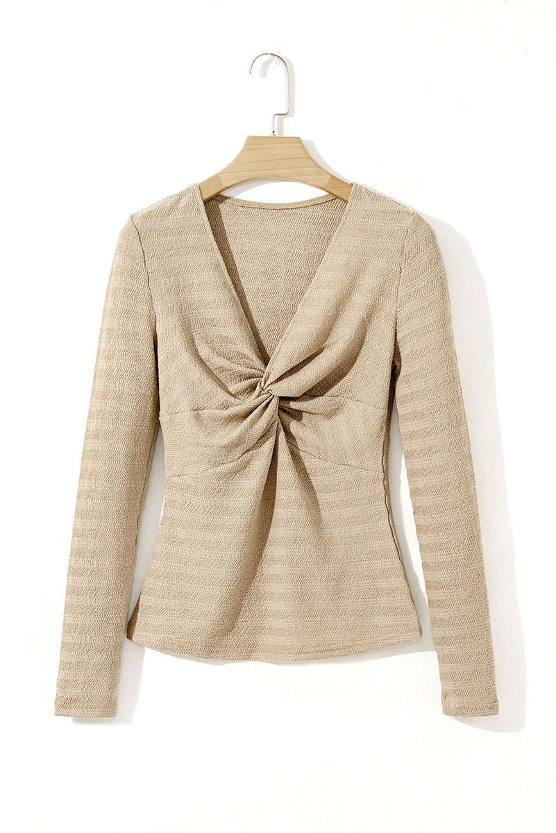 Pale Khaki Textured Twist Front V Neck Long Sleeve Slim Solid Color Top