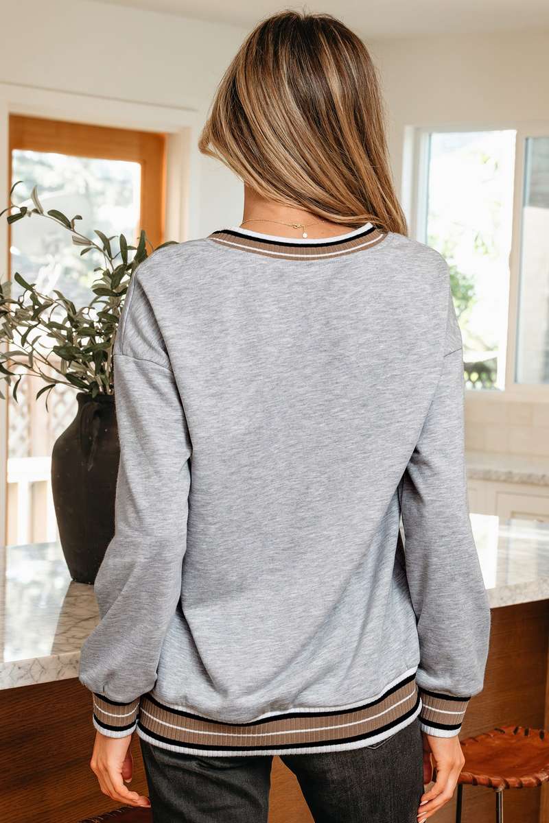 Gray Varsity Contrast Striped Trim V Neck Sweatshirt