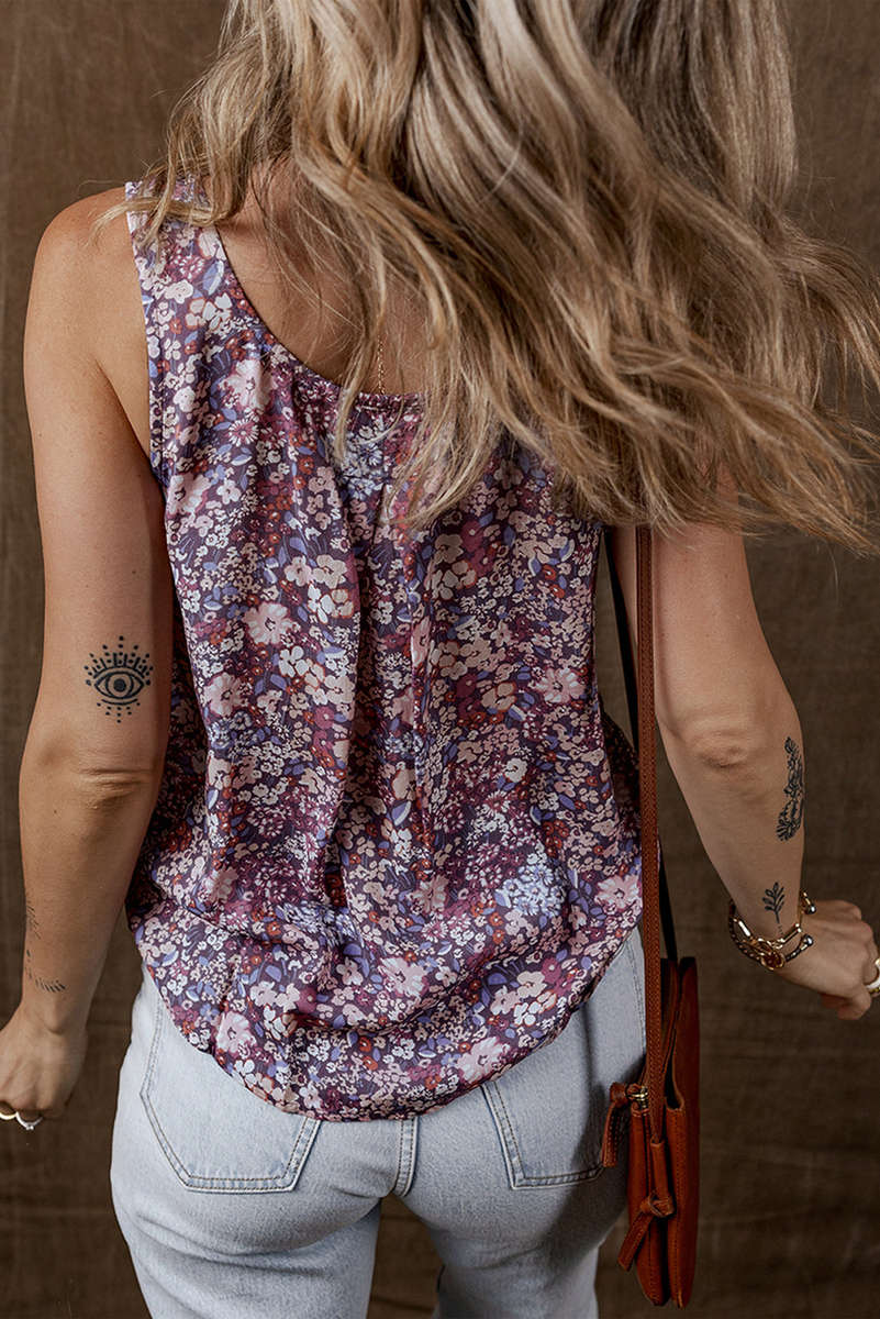 Yellow Boho Floral Pleated Buttoned Front Tank Top