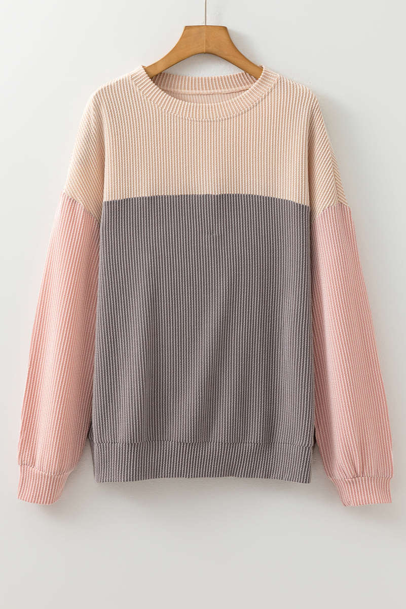 Multicolor Color Block Long Sleeve Ribbed Loose Top