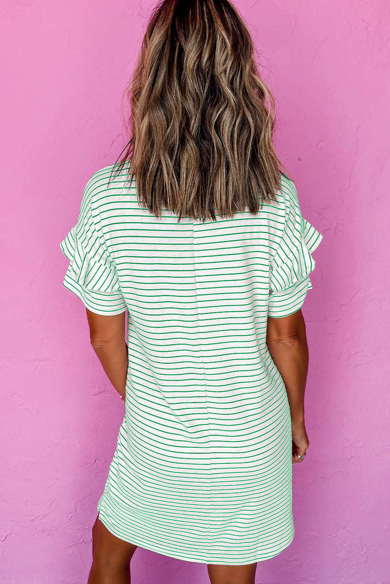 Green Stripe Ruffled Short Sleeve Crew Neck T Shirt Shift Mini Dress