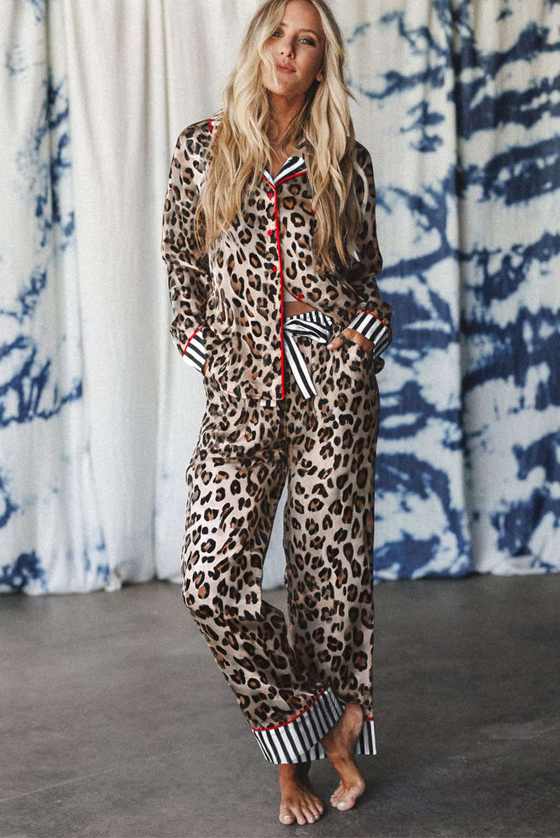 Khaki Leopard Print Colorblock Striped Edge Shirt and Pants Pajama Set