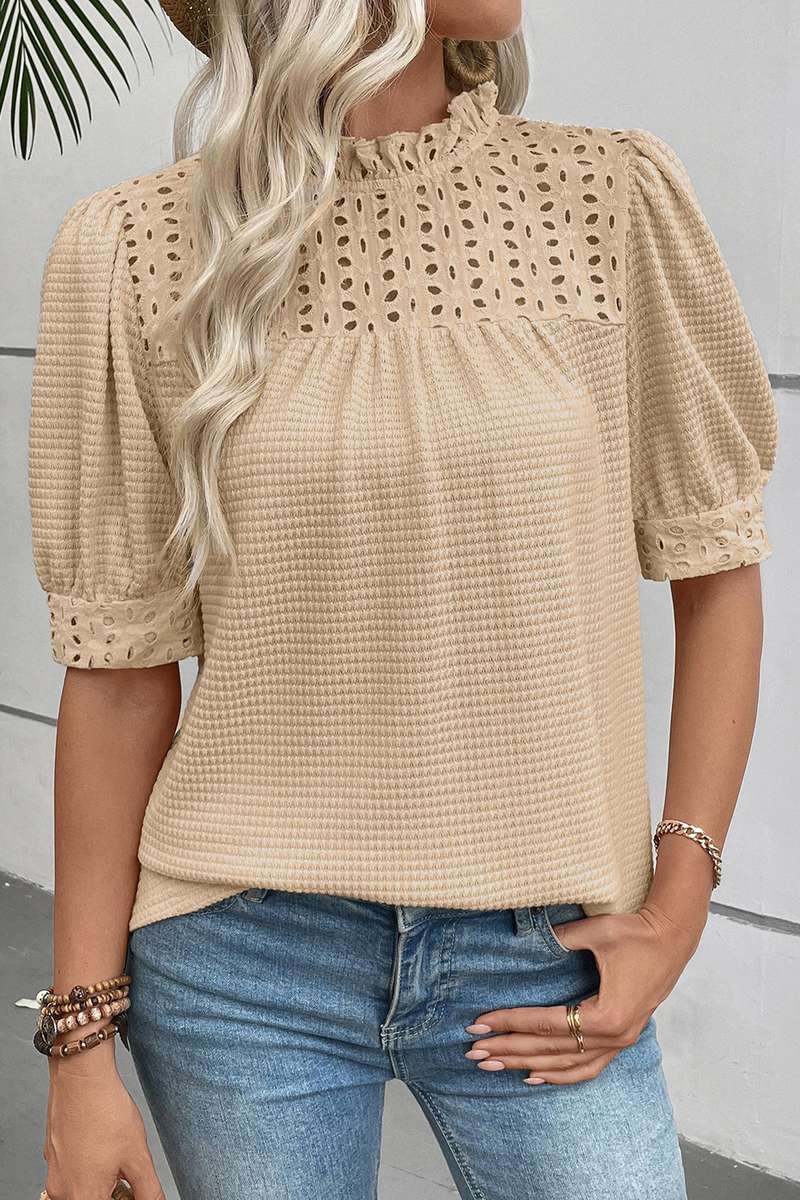 Parchment Textured Knit Eyelet Embroidered Patchwork Ruffled Neck Short Sleeve Blouse