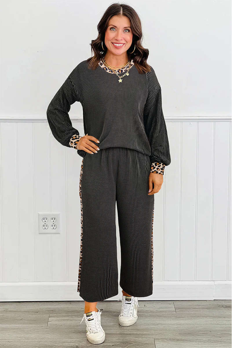 Carbon Grey Twisted Rib Texture Leopard Patchwork Detail 2pcs Pant Set