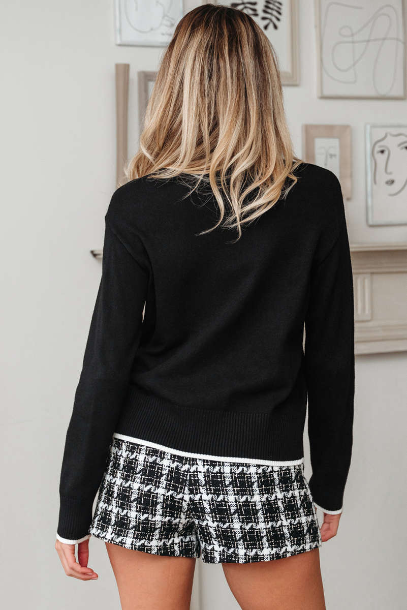 Black Contrast Trim Big Bow Accent Holiday Cropped Sweater
