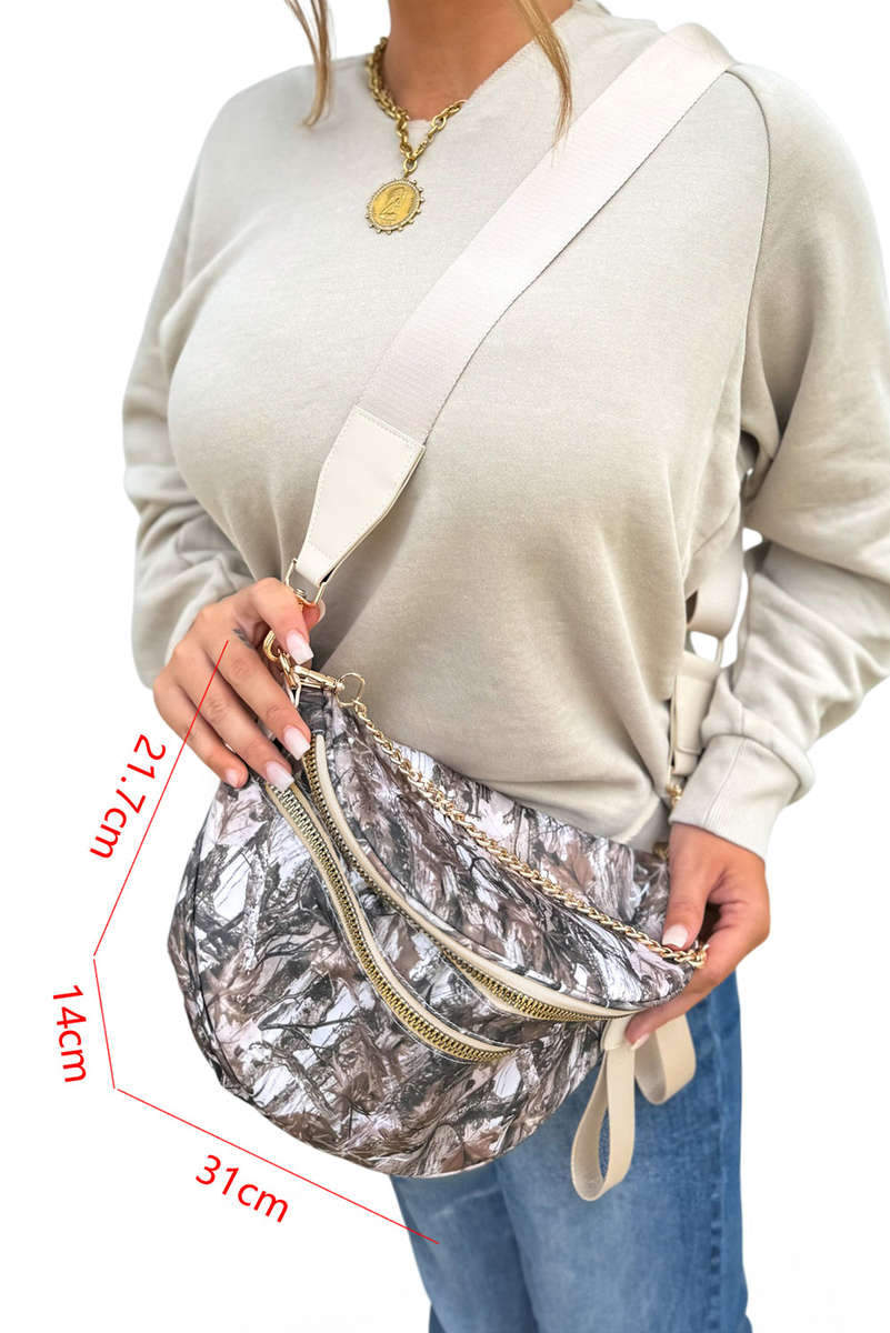 Medium Grey Camouflage Print Gold Chain Strap Double Zipper Crossbody Bag