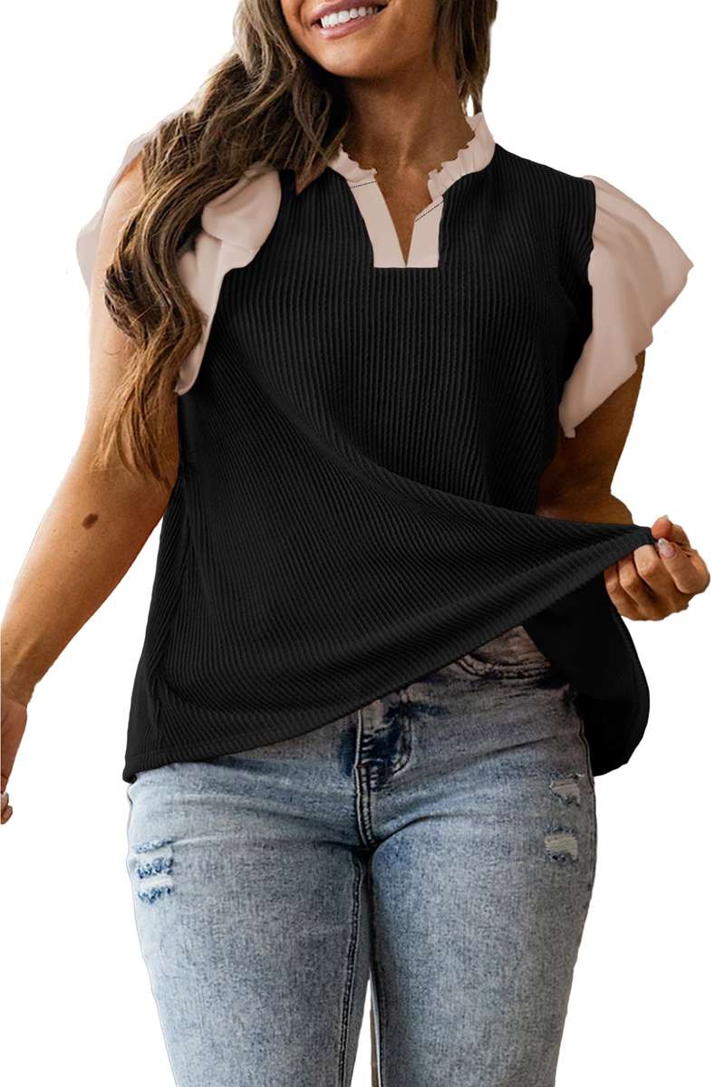 Black Plus Size Contrast Frilled Neckline Ruffled Short Sleeve Ribbed Textured Blouse