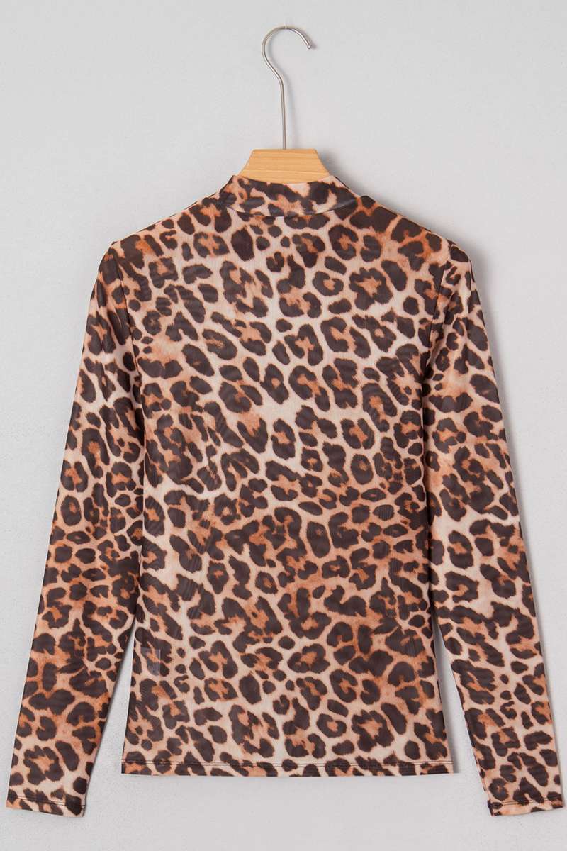 Brown Plus Size Mock Neck Leopard Mesh Top