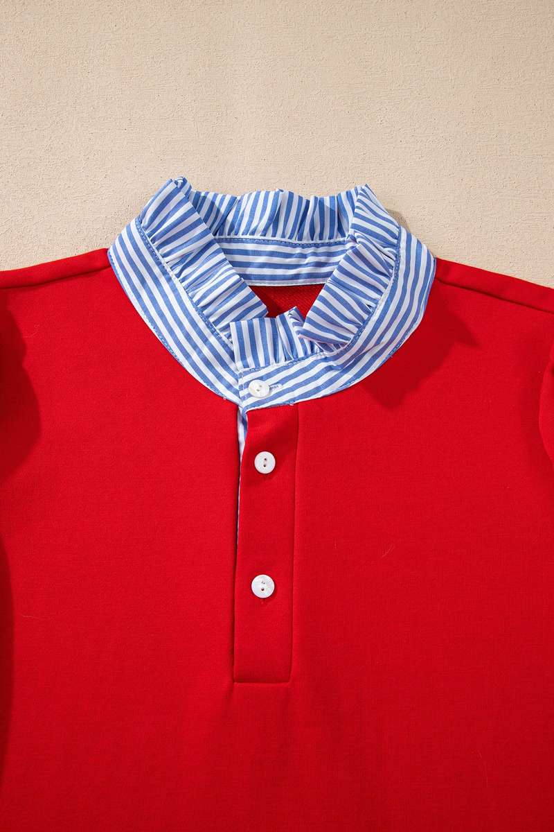 Fiery Red Contrast Striped Collar Patchwork Puff Sleeve Ruffle Hem Mini Dress