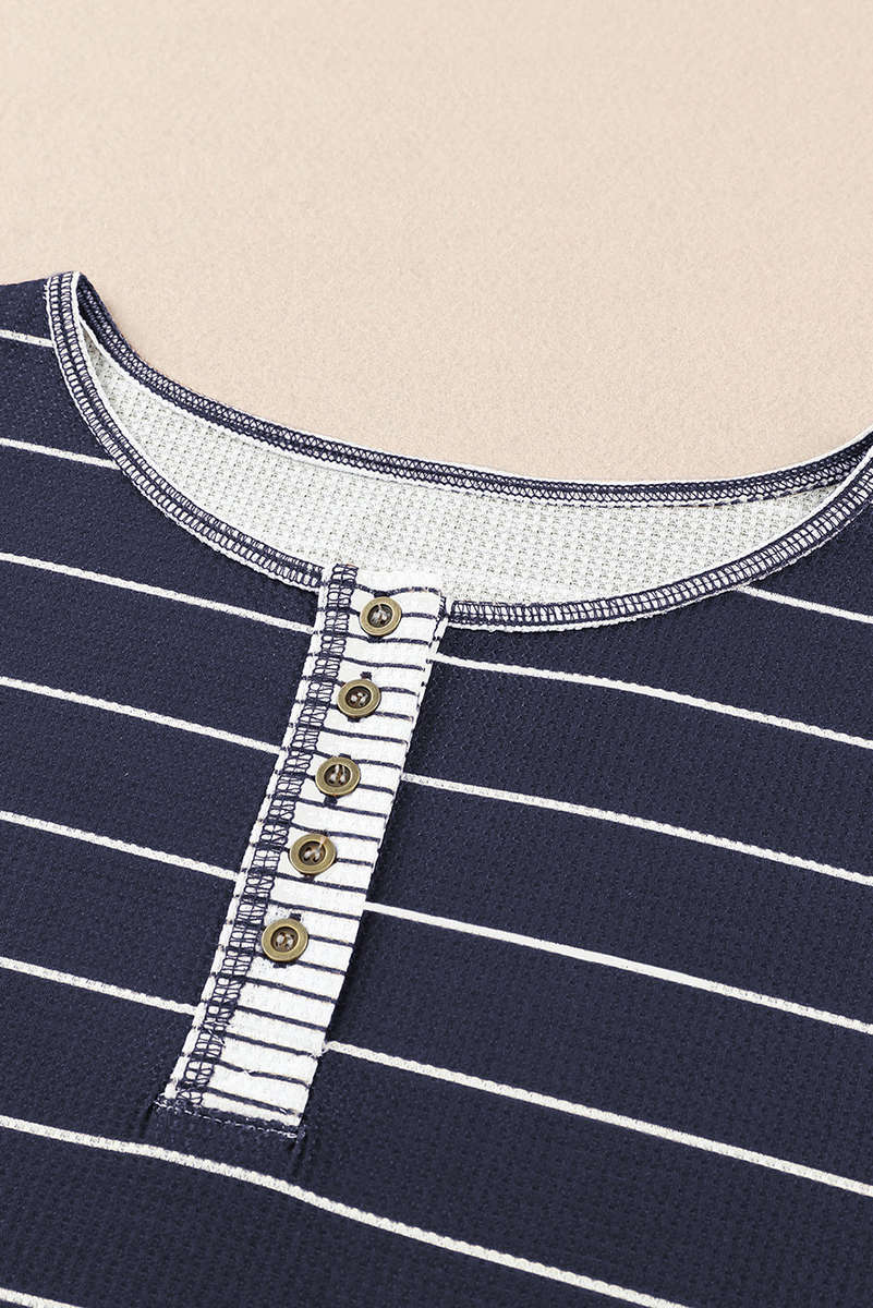 Navy Blue Striped Color Block Buttoned Waffle Knit Shirt