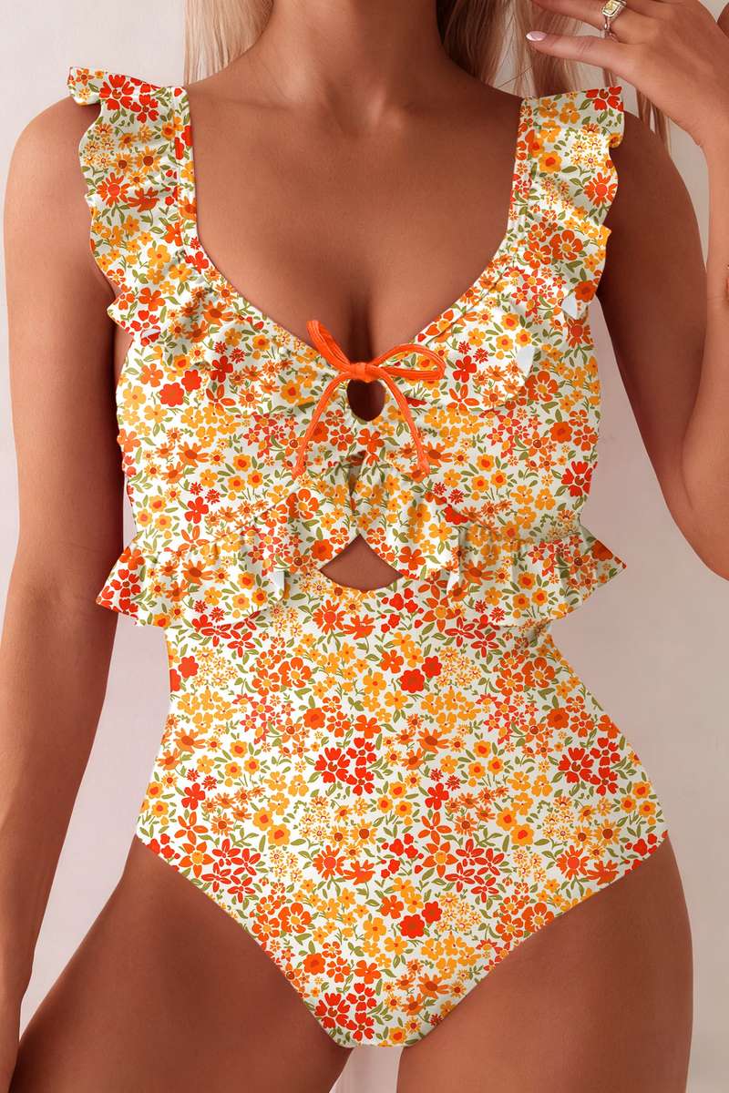 Orange Ruffled Trim Keyhole Accent Floral One Piece Swimsuit
