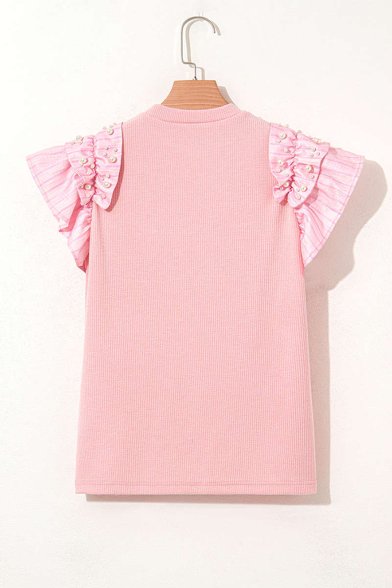 Light Pink Pearl Beaded Ruffle Short Sleeve Patchwork Ribbed Blouse