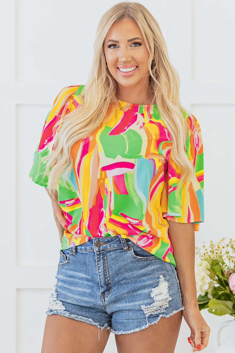 Multicolour Abstract Print Keyhole Back Pleated Half Sleeve Blouse