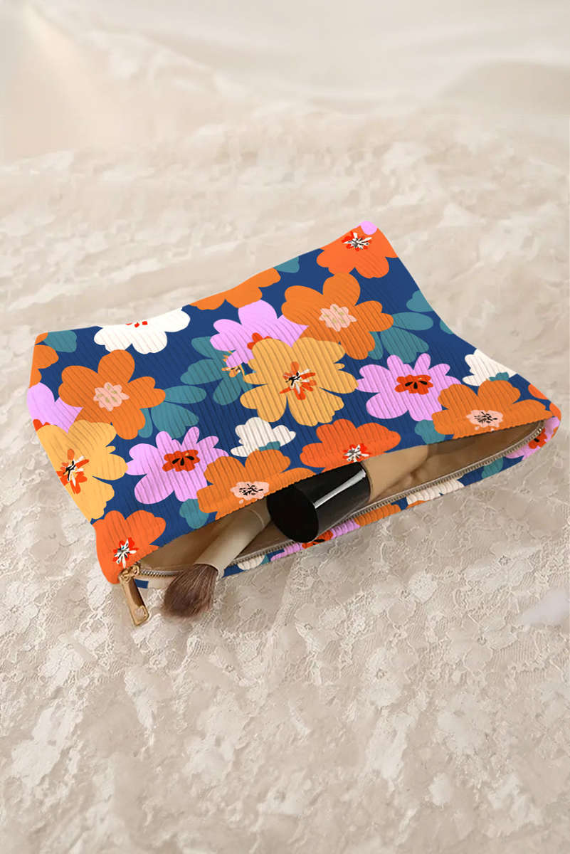Ashleigh Blue Flower Print Zipper Corduroy Large Cosmetic Bag