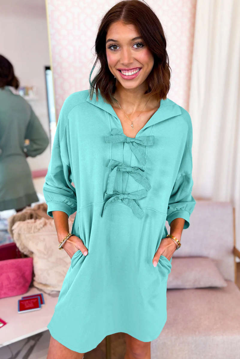 Moonlight Jade Bow Front Bracelet Sleeve Collared Side Pocket Shift Mini Dress