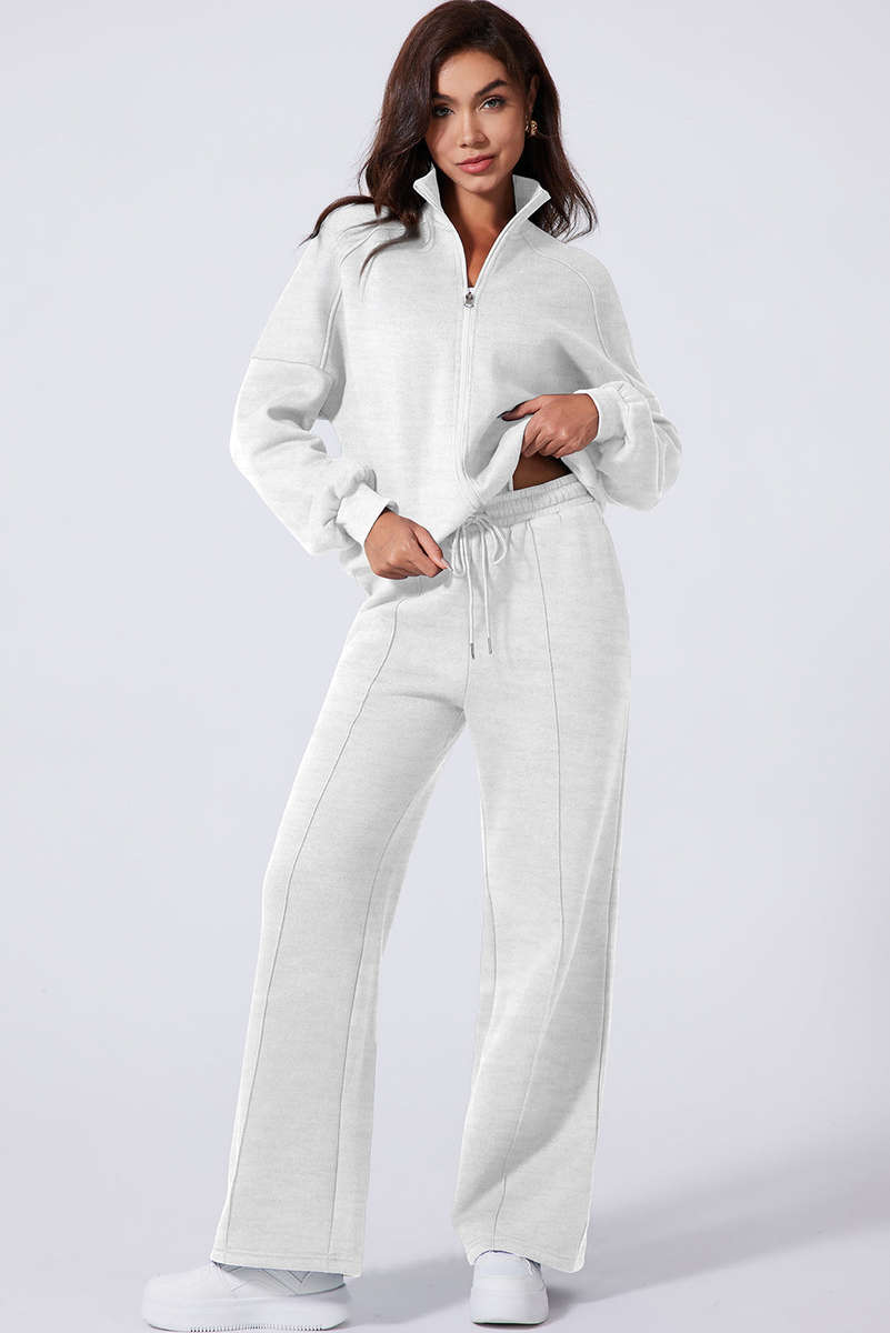 Light Grey Drop Shoulder Zip Up Jacket Drawstring Pants Active 2pcs Set