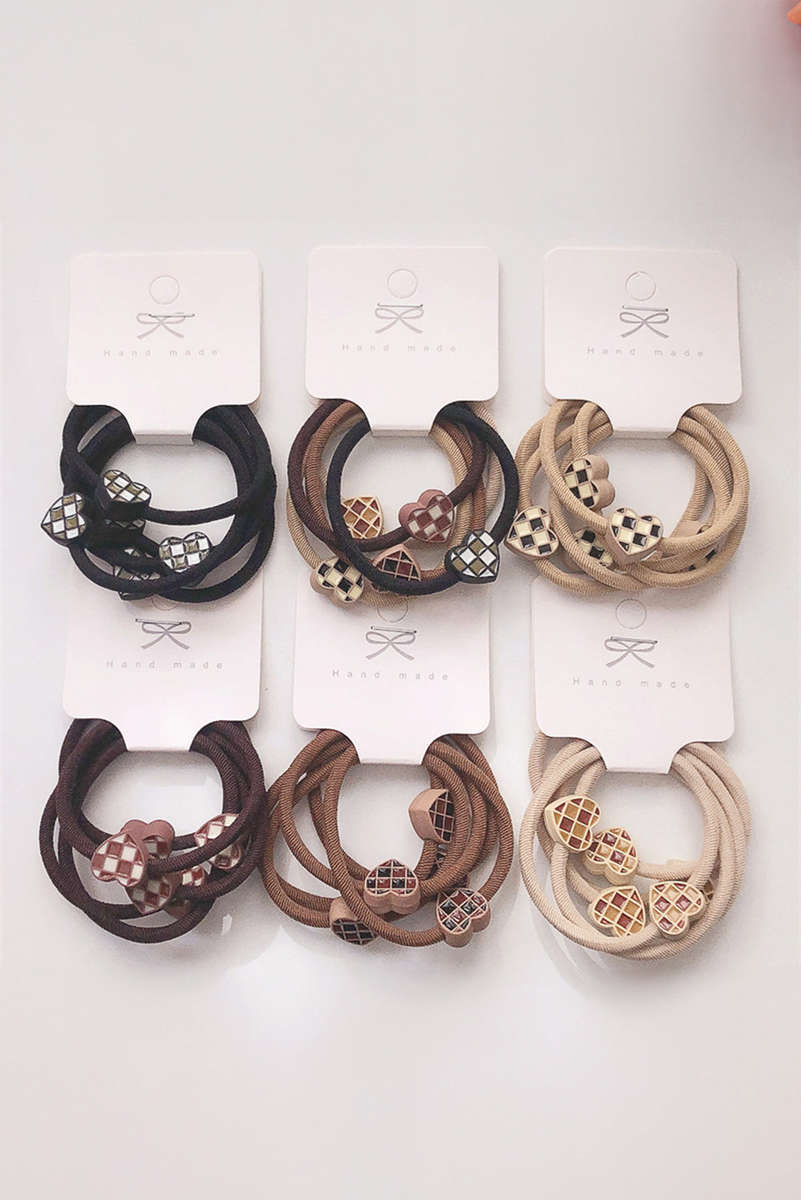 Camel 5pcs/set Checkered Heart Decor High Elastic Hair Tie