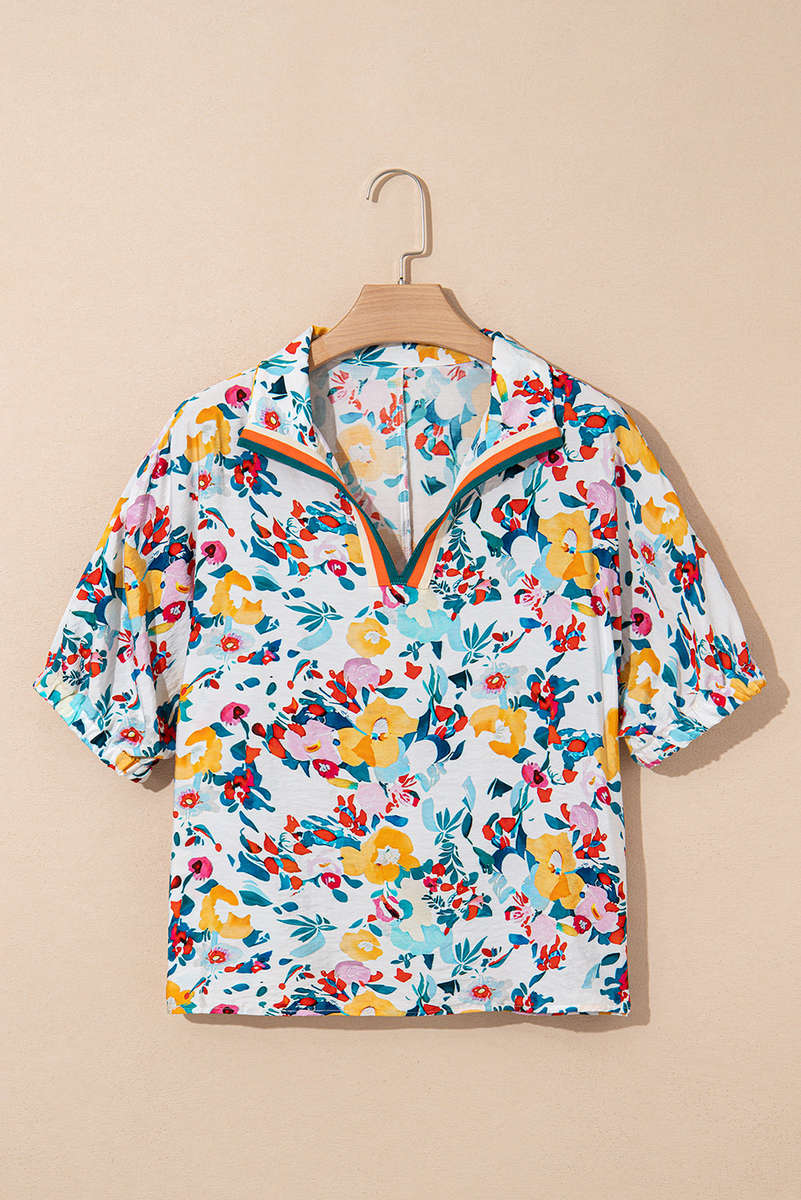Peacock Blue Floral Print Slit V Neck Short Sleeve Blouse